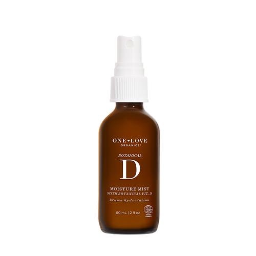 A 60 mL amber glass spray bottle of One Love Organics Botanical D Moisture Mist with a white spray cap, shown on a solid white background.