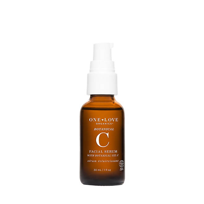 One Love Organics Botanical C Facial Serum in an amber glass bottle with a white pump dispenser