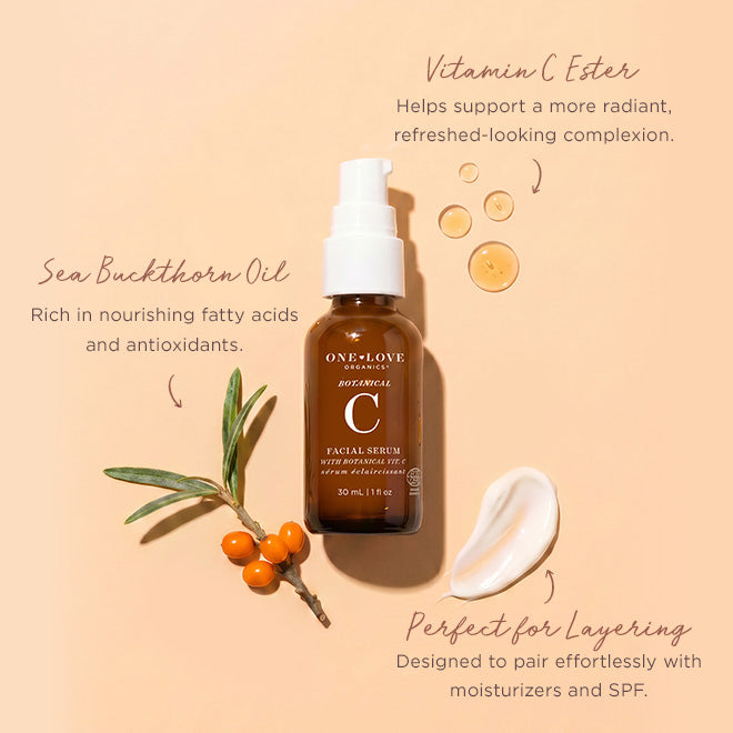 A 30 mL bottle of One Love Botanical Vitamin C Facial Serum