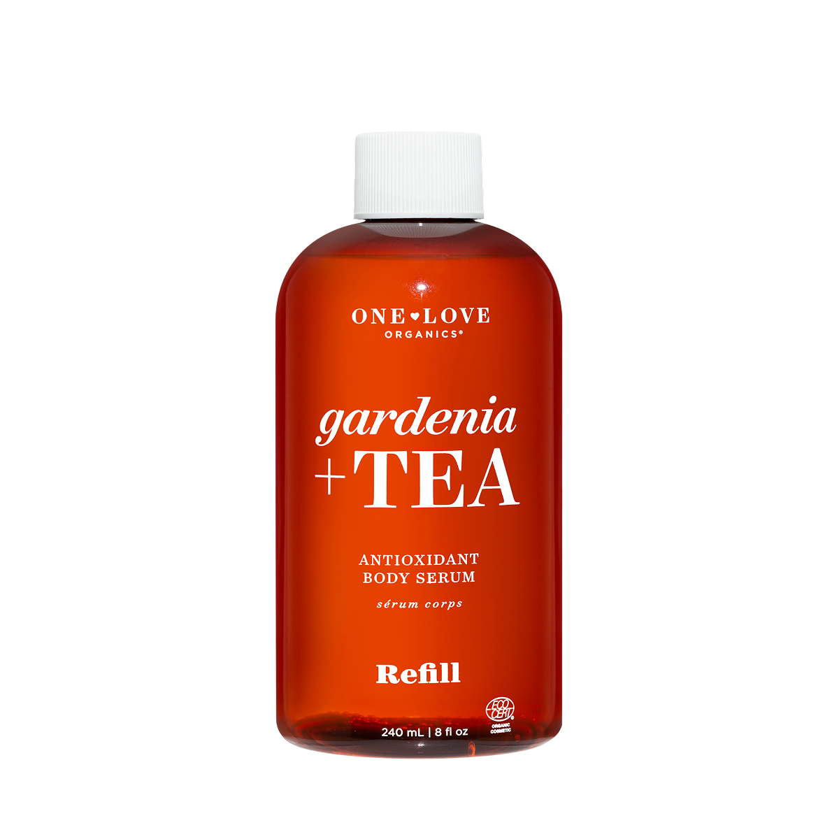 A 240 mL amber-brown bottle of One Love Organics Gardenia + Tea Antioxidant Body 