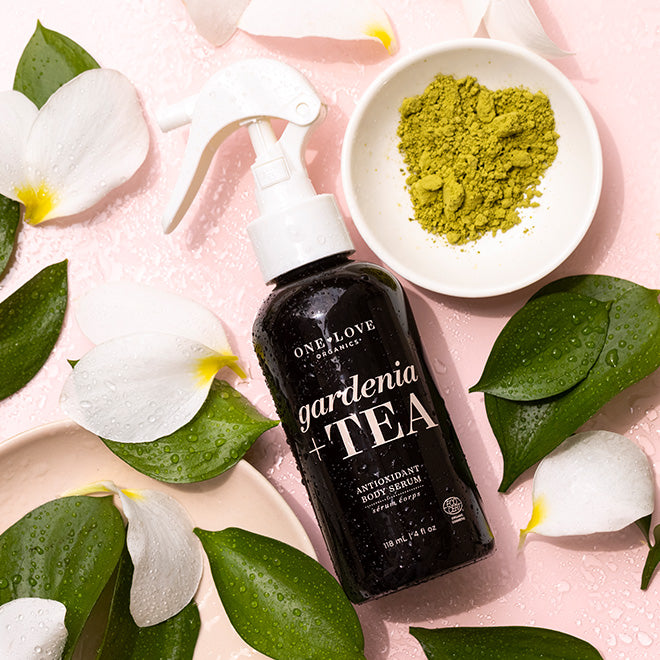 A bottle of ONE LOVE gardenia + TEA antioxidant body serum is styled in a flat lay with green leaves