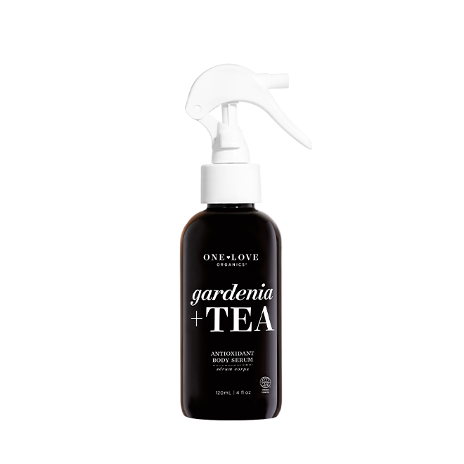 A 120ml spray bottle of One+Love Botanicals Gardenia + Tea Antioxidant Body Serum