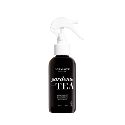 A 120ml spray bottle of One+Love Botanicals Gardenia + Tea Antioxidant Body Serum