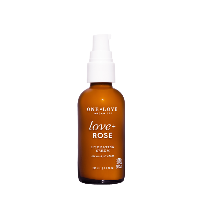 A 50 mL amber bottle of One-Love Organics Love+ Rose Hydrating Serum