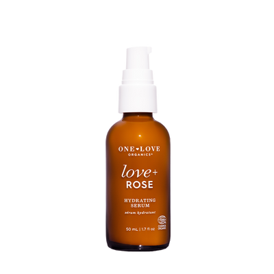 A 50 mL amber bottle of One-Love Organics Love+ Rose Hydrating Serum