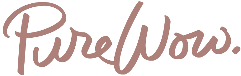 The PureWow brand logo in a dusty rose script font on a solid white background.